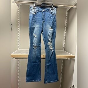 SHEIN Distressed Flare Jeans in Blue